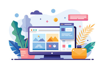 Poster - A computer desktop with an open website with images, text, and a video player, surrounded by stylized plants in a modern, flat design style.