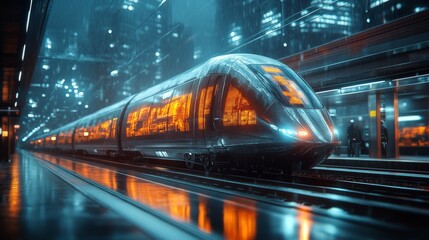 Fototapete - A futuristic smart train stands ready at a bustling city transport station, illuminated by vibrant lights against a rainy night backdrop, emphasizing urban mobility and control systems.