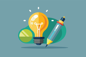 Poster - Illustration of a yellow light bulb and a pencil on a blue background. The light bulb represents a new idea and the pencil represents writing it down.