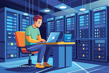 Poster - An illustration of a man sitting at a desk in a server room working on his laptop. He is surrounded by rows of servers.