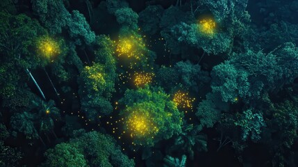 Poster - Aerial view of a dense forest illuminated by glowing points