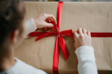 Aufkleber -  A woman is tying a red ribbon around a brown gift box.