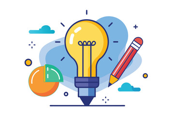 Aufkleber - A colorful illustration of a lightbulb with a pencil and a pie chart, representing creativity and brainstorming.