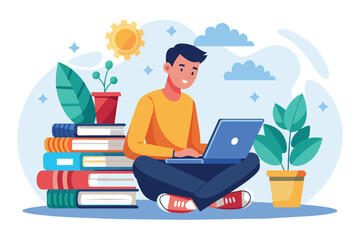 Poster - An illustration of a young man sitting on the floor and working on a laptop. He is surrounded by books, plants, and a sunny, airy atmosphere.