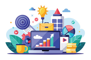 Poster - A colorful illustration depicting modern business success strategies and growth, with elements including a laptop, smartphone, target, briefcase, charts, and more.