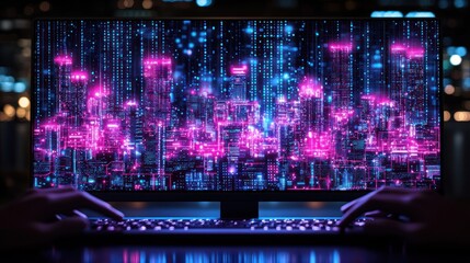 Digital city on computer screen at night