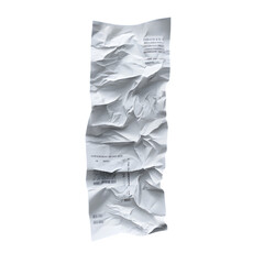 a 2d front view of a paper shopping receipt, crumpled texture, visible printed text, soft lighting