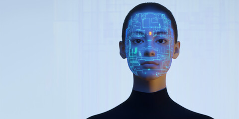 Poster - Digital Face Recognition: A futuristic, captivating image features a woman, her face overlaid with an intricate, glowing digital grid, suggesting advanced facial recognition technology