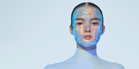 Poster - Artificial Intelligence Portrait: A futuristic and artistic portrayal of a human face overlaid with digital circuitry.