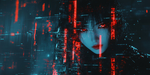 Poster - Cyberpunk Enchantress: A mesmerizing portrait of a female figure in a digital matrix, her eyes glowing with an eerie red, suggesting a future where human and machine intertwine in an artistic.