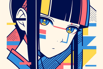 Poster - Abstract Anime Portrait: A vibrant and artistic depiction of an anime-style character, rendered in a modern geometric style with bold lines and striking colors.