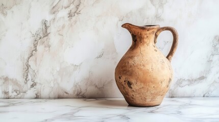 Poster - A single antique brown ceramic pitcher stands against marble backdrop