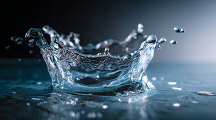 Poster - Close up shot of a water splash creating a crown shape with droplets on a reflective surface