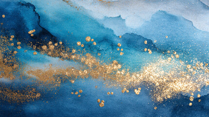 Poster - Watercolor painting with shades of blue and gold glitter accents creating a textured design