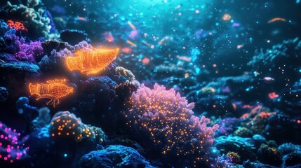 Poster - Glowing underwater scene showing coral reef with fish outlines