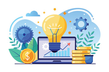 Poster - An illustration of a lightbulb idea growing on a laptop screen with a graph and gold coins, symbolizing business growth and success.