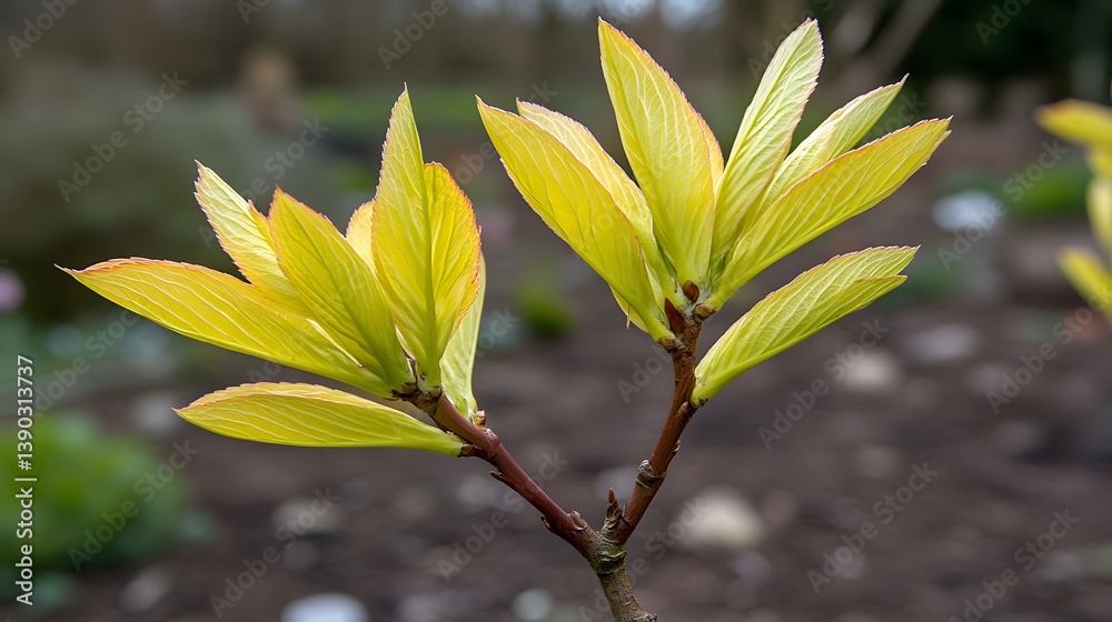 Vibrant Yellow Spring Leaves Emerging on Branch