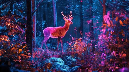 Poster - A glowing deer stands elegantly in a lush and vibrant forest