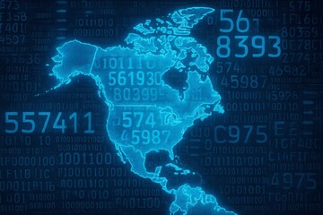 Poster - Digital representation of North America with binary code and geographic outlines in a modern design