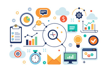 Poster - A vibrant illustration depicting a variety of time management and productivity strategies including goal setting, scheduling, and tracking progress.