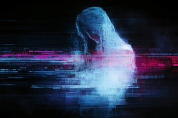 Poster - Digital Soul: An ethereal, spectral figure, rendered in a mesmerizing display of digital art. The artwork is a striking visual representation of the fusion of humanity and technology.