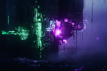 Poster - Digital Fortress: A mesmerizing display of abstract digital architecture. Vivid colors and complex structures. It encapsulates the essence of technology and innovation