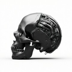 Poster - An artistic depiction of a metallic skull, revealing an intricate mechanical brain and internal components.