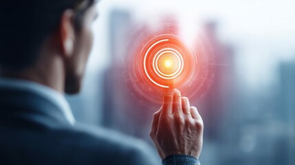 Poster - A businessman's finger pointing toward a glowing, circular digital interface in a modern setting.