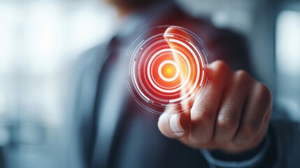 Poster - a man's hand interacting with an illuminated digital interface, a tech concept.
