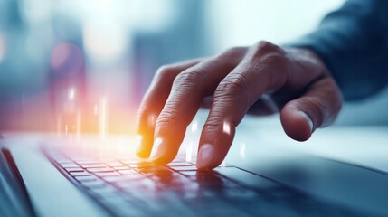 Poster - A hand interacting with a laptop keyboard, highlighting digital processes and connectivity.