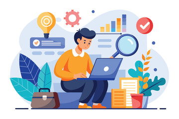 Poster - An illustration of a man sitting on a blue platform, working on a laptop with a magnifying glass in his hand. Surrounding him are icons related to data analysis, research, and business.