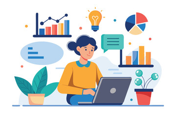 Poster - A woman at a desk with a laptop surrounded by data visualizations and a lightbulb symbolizing ideas. Emphasizes data-driven decisions.