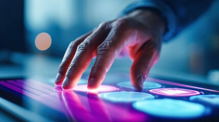 Poster - A hand gently touches a screen, activating glowing buttons on a futuristic digital interface.