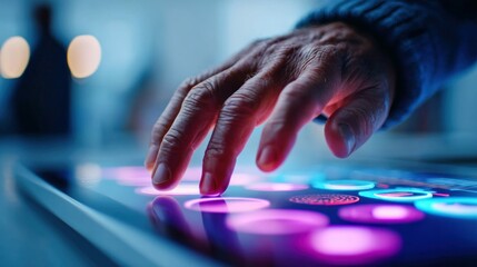 Poster - A close-up of an aged hand interacting with a glowing, futuristic touchscreen interface.