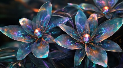 Poster - Beautiful translucent flowers with colorful highlights and abstract leaves are visible