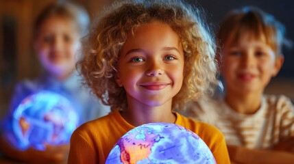 Three children smiling and holding illuminated globes, sparking curiosity and learning in a fun setting.