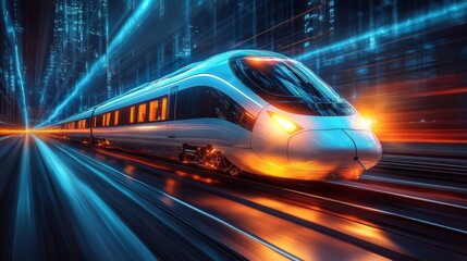 Aufkleber - A sleek, high speed train travels rapidly along illuminated tracks in a modern urban landscape during twilight, showcasing advanced mobility and automation technologies in transportation.