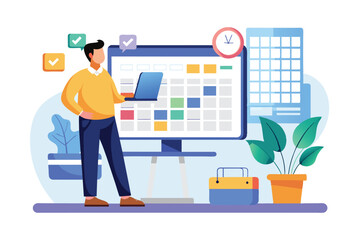 Poster - An illustration of a man standing in front of a large calendar with a laptop in his hand. The calendar is filled with colorful appointments, and the man is checking his schedule.