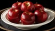 ©  Shomixer - Close-up of a stunning arrangement of red apples, glistening with drops of moisture, elegantly presented on a white plate that enhances their beauty and appeal.
