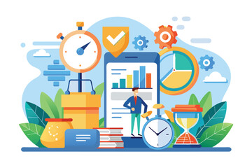 Poster - A businessman analyzing data on a mobile phone surrounded by time management icons, emphasizing the importance of time management in business success.