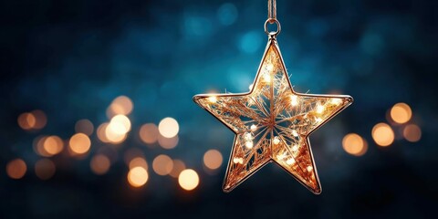 Poster - A beautiful golden star ornament is highlighted against a dark, twinkling background of bokeh lights.