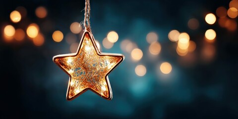 Poster - A beautifully lit golden star decoration with a bokeh background, perfect for winter holidays.