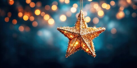 Poster - A glowing golden star ornament sparkles against a backdrop of blurred bokeh lights.