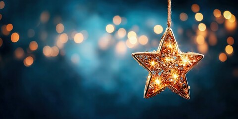 Poster - A radiant gold star ornament shines against a dreamy blue backdrop, perfect for the festive season.
