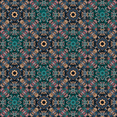 Wall Mural - seamless ethnic checkered pattern with mandalas, small flowers and curls. multicolored pattern for f