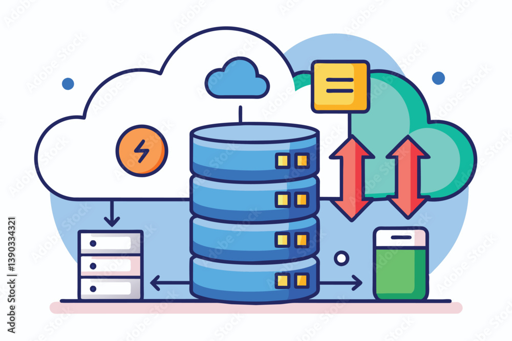This illustration depicts a cloud server with data being transferred to ...