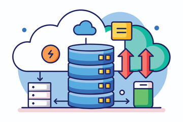 Poster - This illustration depicts a cloud server with data being transferred to and from a smartphone and another server, highlighting the concept of data synchronization and cloud-based storage.