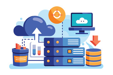 Poster - Illustrating cloud data storage and server management, data is uploaded and managed on a cloud server, accessible for download on a computer.