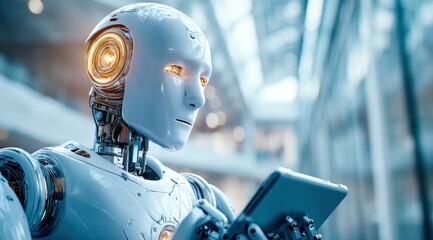 Poster - A detailed portrait of a futuristic robot using a tablet, highlighting advanced ai capabilities.