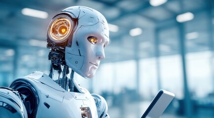 Poster - A sleek, advanced robot is absorbed in its digital tablet, showcasing future technology advancements.